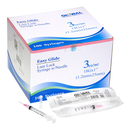 Easy Glide 3ml Luer Lock Syringe and Needle 18 Gauge 1" (1.2mmX25mm) (100 ct)