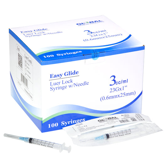 Easy Glide 3ml Luer Lock Syringe and Needle 25 Gauge 1" (0.6mmX25mm) (100 ct)