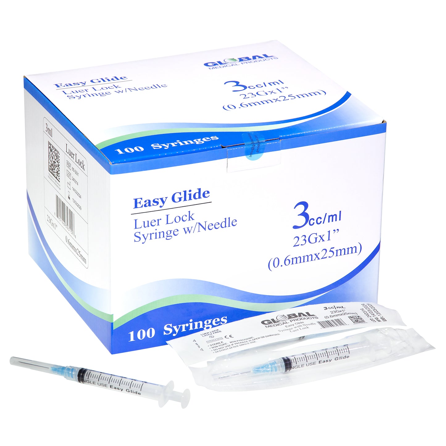 Easy Glide 3ml Luer Lock Syringe and Needle 23 Gauge 1" (.6mmX25mm) (100 ct)