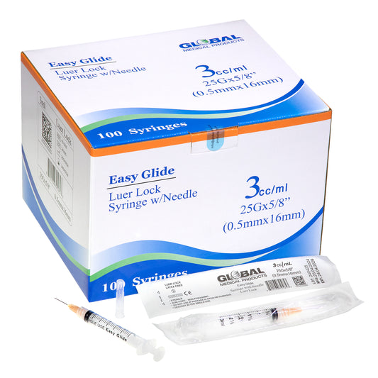 Easy Glide 3ml Luer Lock Syringe and Needle 25 Gauge 5/8" (0.5mmX16mm) (100 ct)