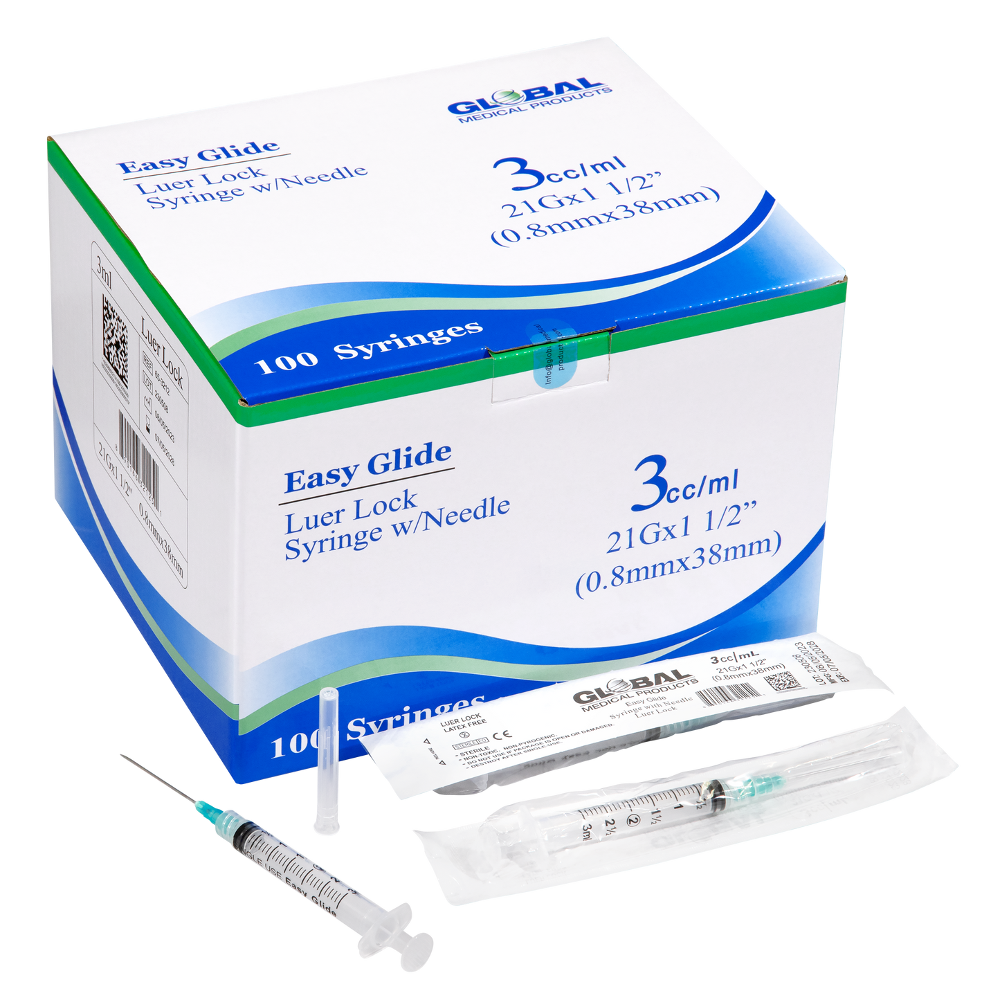Easy Glide 3ml Luer Lock Syringe and Needle 21 Gauge 1.5" (.8mmX38mm) (100 ct)