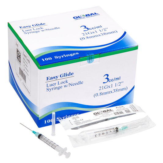 Easy Glide 3ml Luer Lock Syringe and Needle 21 Gauge 1.5" (.8mmX38mm) (100 ct)