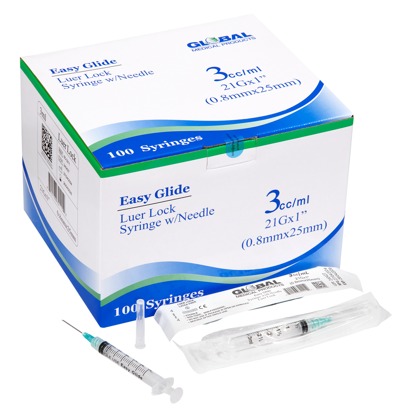 Easy Glide 3ml Luer Lock Syringe and Needle 21 Gauge 1" (.8mmX25mm) (100 ct)