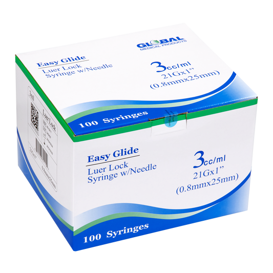 Easy Glide 3ml Luer Lock Syringe and Needle 21 Gauge 1" (.8mmX25mm) (100 ct)