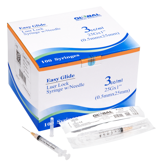 Easy Glide 3ml Luer Lock Syringe and Needle 25 Gauge 1" (.5mmX25mm) (100 ct)
