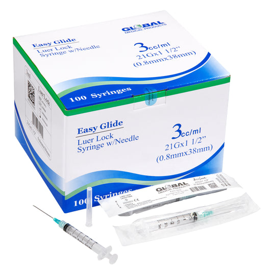 Easy Glide Luer Lock Syringe 3cc Syringe 21GA x 1 1/2in