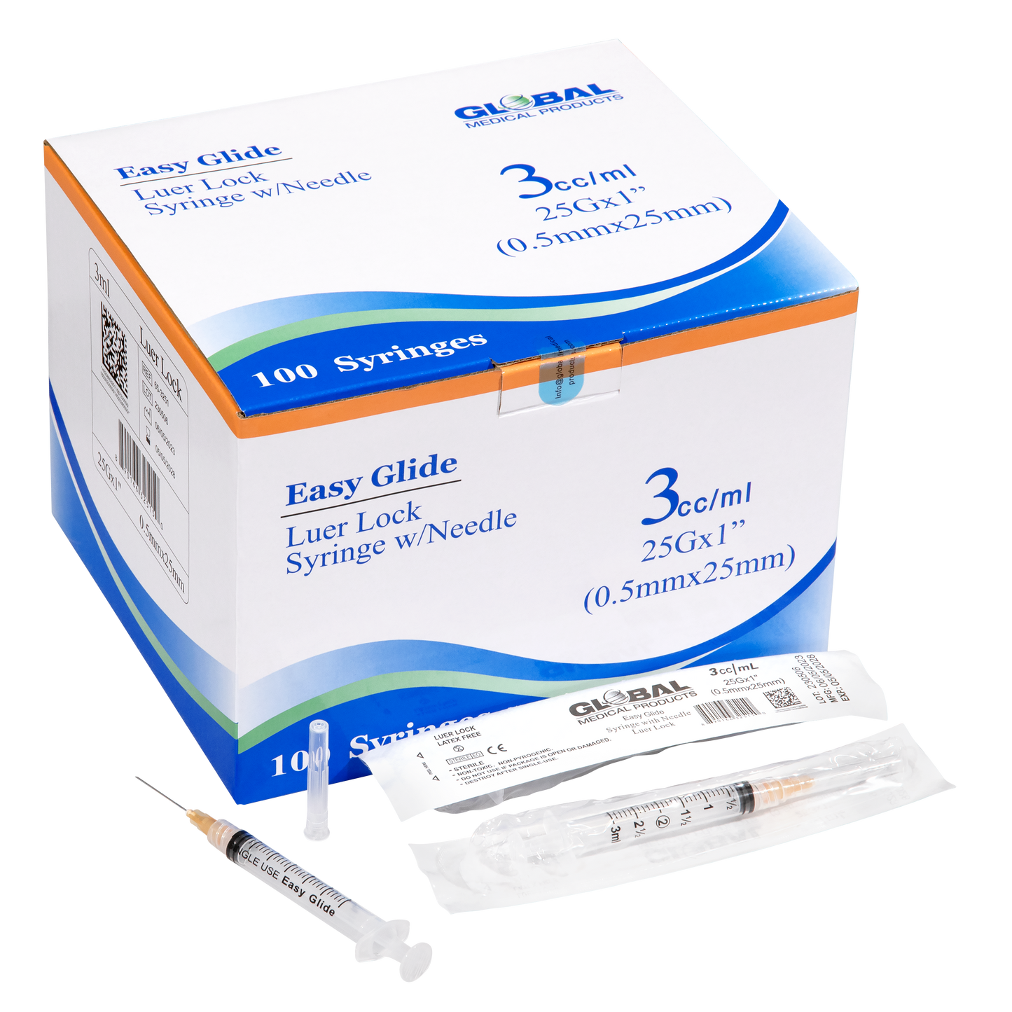 Easy Glide 3ml Luer Lock Syringe and Needle 25 Gauge 1" (.5mmX25mm) (100 ct)