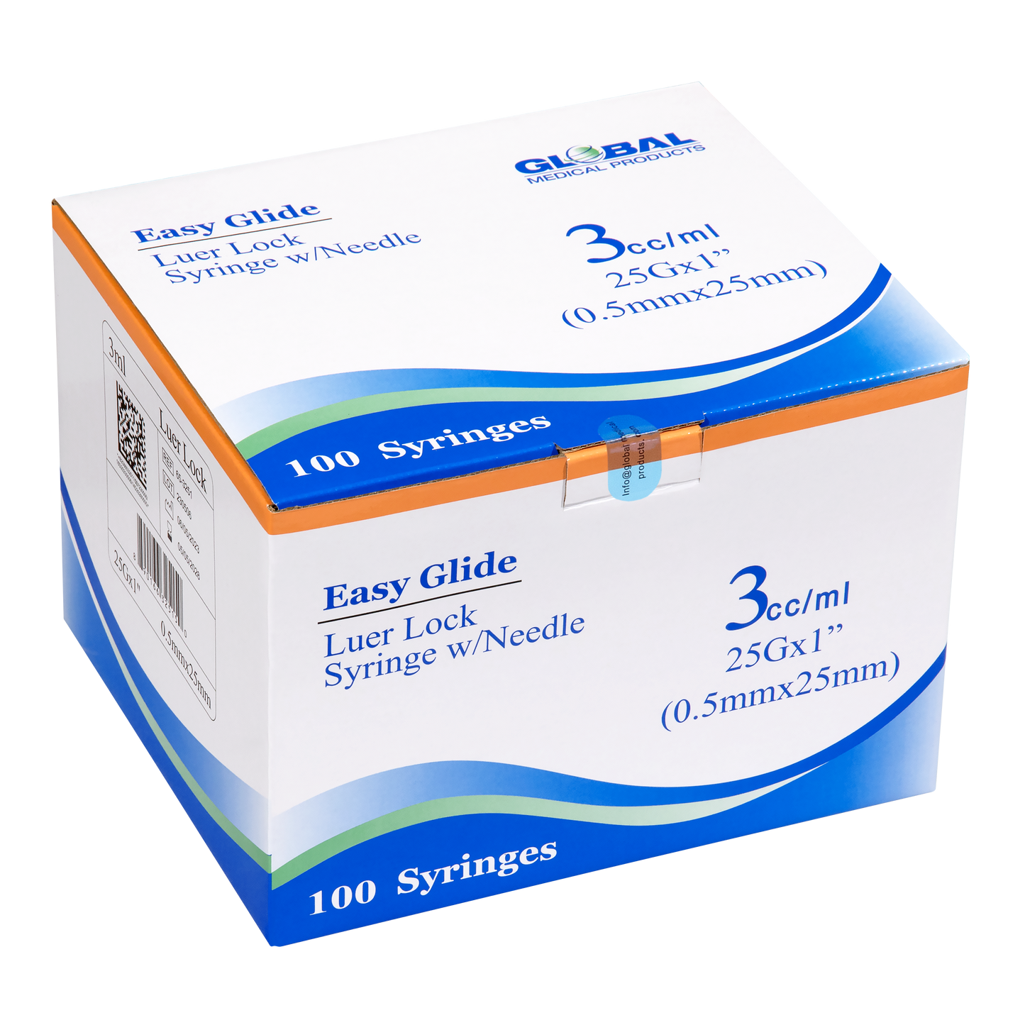 Easy Glide 3ml Luer Lock Syringe and Needle 25 Gauge 1" (.5mmX25mm) (100 ct)
